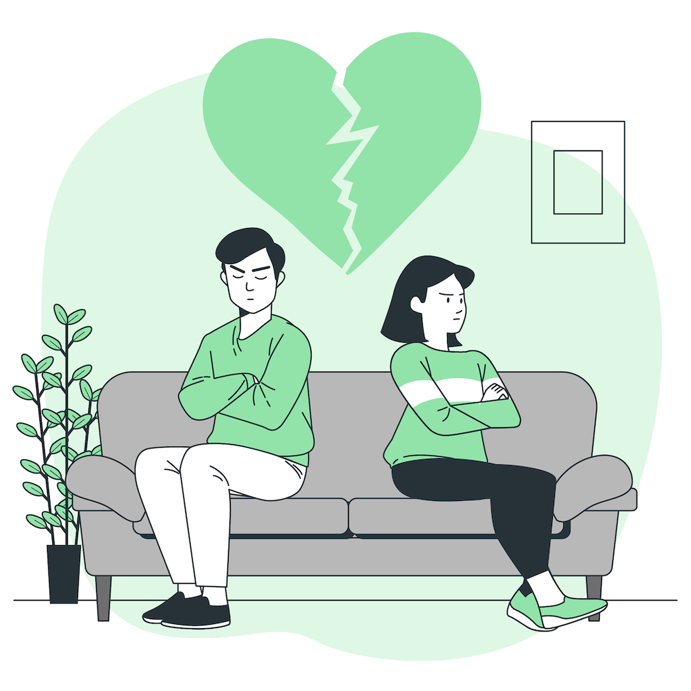 dessin homme et femme qui se tournent le dos sur un canapé avec le coeur brisé thérapie couple
