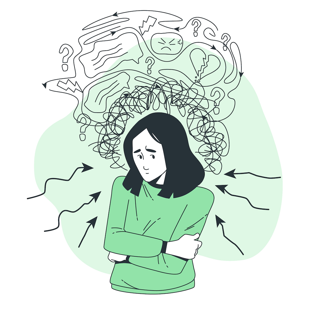 dessin d'une femme anxieuse avec plein de pensées parasites, qui a besoin d'une thérapie à Colmar